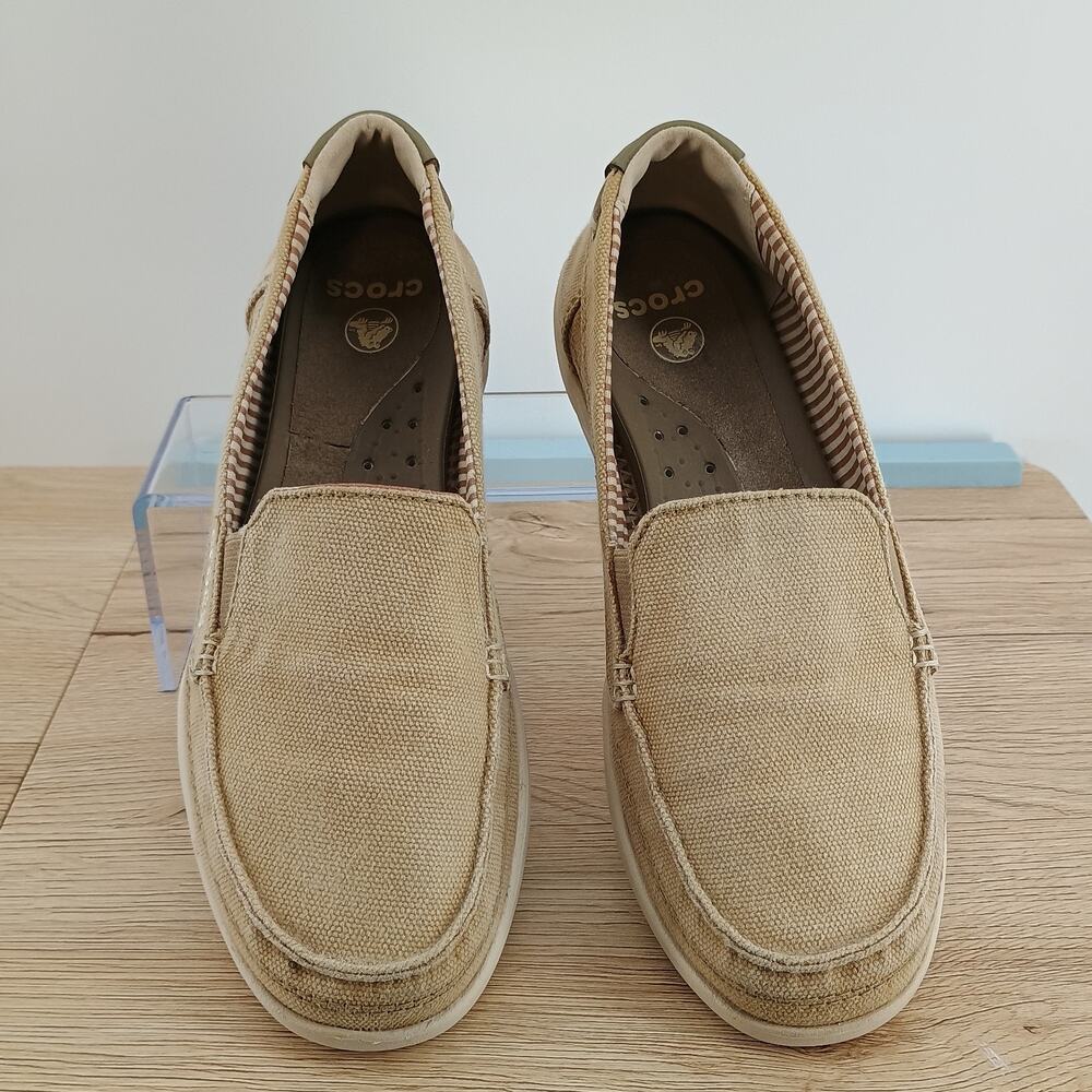 Crocs Walu Tan Women's 7 Canvas Loafers Boat Shoes Slip On Khaki Comfort